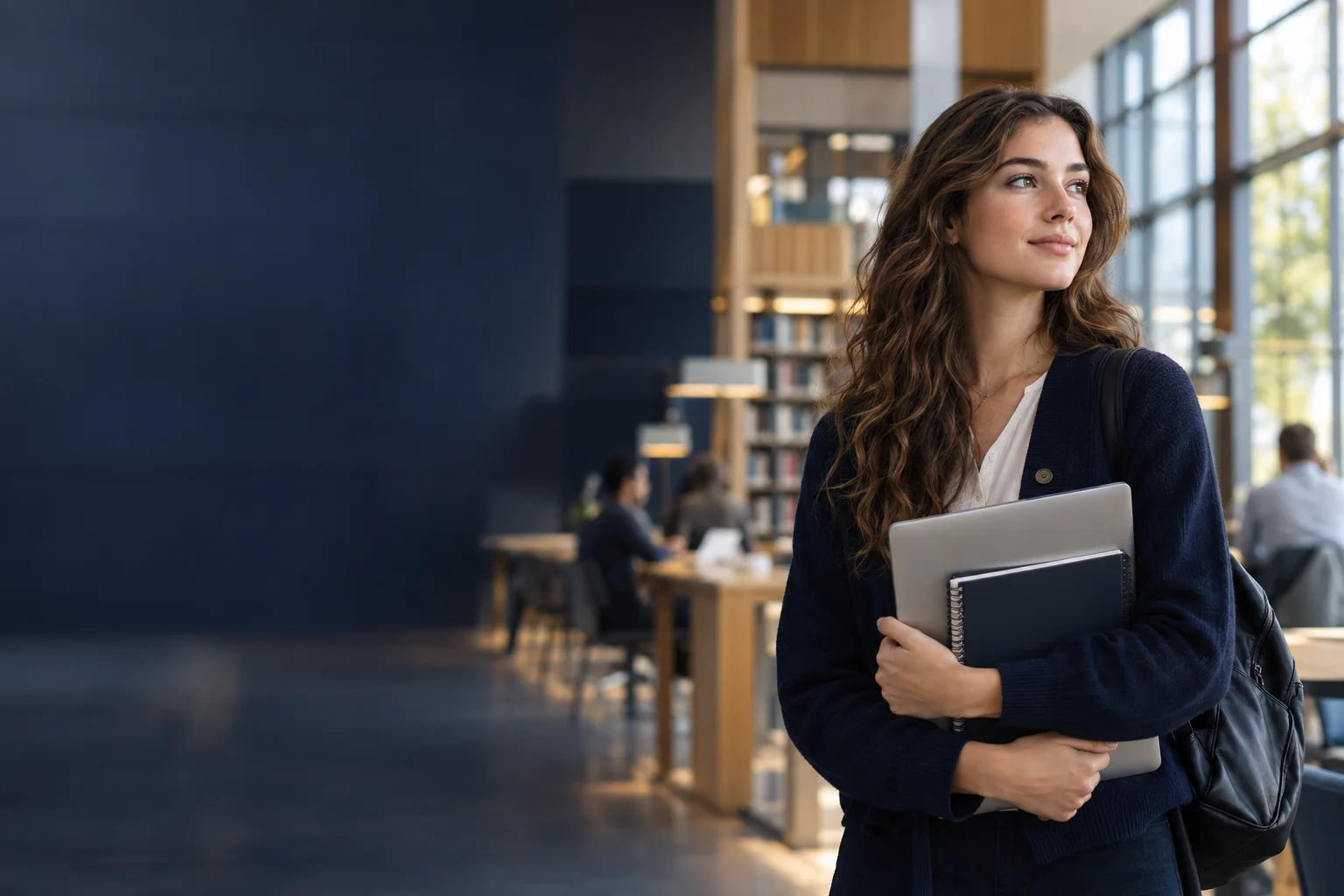 A university applicant holding her laptop in an academic library