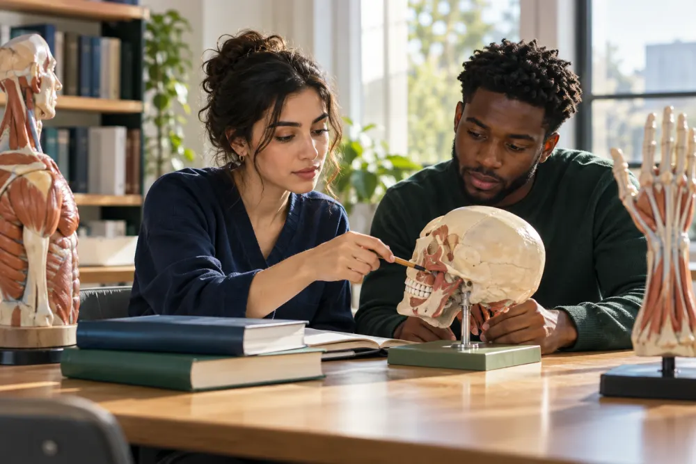 Medical students studying an anatomical model